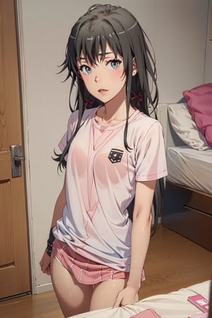 (((picture perfect))), (absurdres), 1girl, solo,yukino yukinoshota, whiteshirt with pink underwear, bedroom, night, white light, smirk, looking at viewer, perfect for planing, beautiful,