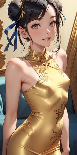 (photorealistic),(masterpiece, sidelights, exquisite gentle eyes), (character focus,face focus,close to viewer,portrait,masterpiece),(black hair:1.3),(double bun),(1 girl),(gold eyes),(grin smile:1.5)
,(upper body),(sleeveless china dress,gold embroidery),(contrapposto)、hair ribbon,
,(small breasts),(blue gradient background)、
neat and clean、adorable、Slim Body,(tsurime),,shiny hair, shiny skin、,niji,sketch,manga,