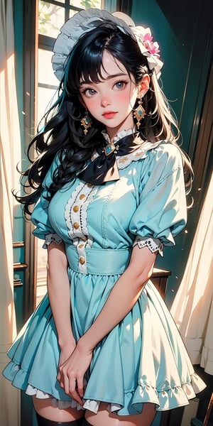 (Masterpiece, Best Quality:1.3), insaneres, (8k resolution), (centered), digital illustration, (outline, thick lineart), frilled collar, doll dress, bonnet, glowing, black eyes, soft, soft lighting, black hair, hair bow, full angle view, bloom, shadow, (faux traditional media:1.3), long bangs, (detailed eyes, perfect face), jewelry, beaded curtain, colorful, sidelocks, looking at viewer, large breasts, ascot, (multicolored theme:1.2), frilled collar, single braid, doll dress, knee-high stockings, giggling, magical girl,sugar_rune,fodress,1 girl