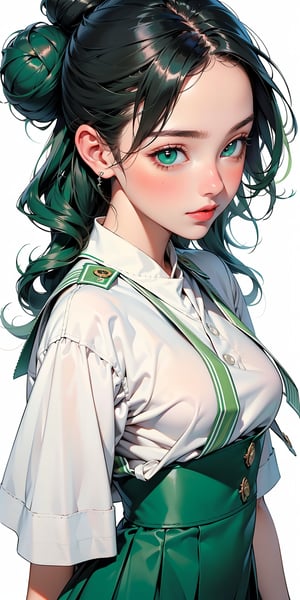 1girl, half body portrait, (age 13-16:1.4), gorgeous, (dynamic pose:0.8),studio lighting, white background, ((vietnamese teen top model)), bang, curly long hair, buns, heterochromia,,downblouse, ((twuniform)). ((green taiwan high school uniform))