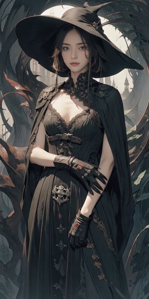 tired woman with messy short hair, female physician, plague doctor, wide-brimmed hat, leather gloves, bandages, eye bags, holding syringe filled with red liquid, grimdark, hires, masterpiece, absurdres, BREAK green plants, vines, moss, BREAK human skull, bones