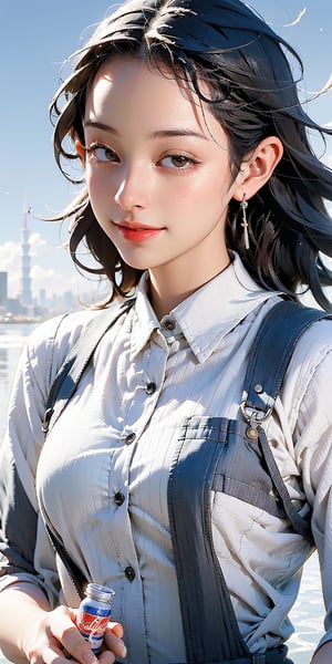 Super close-up, upper body emerging from the water, holding a glass bottle of Coca-Cola with one hand high, wearing a transparent silk backless Coca-Cola work vest, eyes slightly opened due to the dazzling sunlight, smiling, turning sideways to face the side camera, surrounded by Taipei city buildings, water surface Calm and waveless, ultra-bright beams of light reflect on the calm water, the blue sky above is reflected in the water, UHD, 18K, super detail-seeking, hyper-realism, realism, 3d, long-distance shooting,
