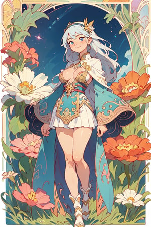 full body photo, wide shot,  (top shot :1.5) , (masterpiece, best quality, very detailed, ultra-detailed, intricate), anime style kawaii, watercolor, Alcohol ink.  illustration, pastel colors, high chroma, The color contrast is strong, bright and colorful background,  art nouveau, perfect light,art nouveau by Alphonse Mucha, tarot cards style, (beautiful and detailed eyes), 1 other, 1 woman , 9 head body lenth, plump breasts,  (huge big boobs, underboob, no bra, small perky tits, boobs exposed, beautiful boobs shown ), clevage, solid color background,

firefly \(honkai: star rail\), 1girl, solo, long hair, smile, blue eyes, closed mouth, looking at viewer, outdoors, bangs, long sleeves, hair ornament, hairband, hair between eyes, cloudy sky, turquoise cape, blue sky, star \(sky\), night sky, white hair, full body, white shirt, railing, viewed from behind , bending_over, white skirt, dress ,miniskirt,