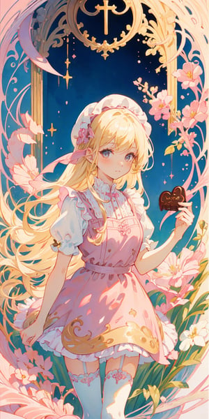 1girl, blonde hair, ((selling chocolate for boyfriend at chocolate shop)), Pink patent leather maid, pink dress,white thighhighs,white apron,cross-laced clothes, masterpiece, best quality, looking at viewer, vintage fantasy, watercolor, warm pastel colour tone, colourpencil style, ((half body)),kawaiitech,arudef,long hair