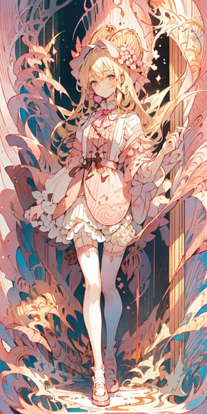 1girl, blonde hair, ((selling chocolate for boyfriend at chocolate shop)), Pink patent leather maid, pink dress,white thighhighs,white apron,cross-laced clothes, masterpiece, best quality, looking at viewer, vintage fantasy, watercolor, warm pastel colour tone, colourpencil style, ((half body)),kawaiitech,arudef