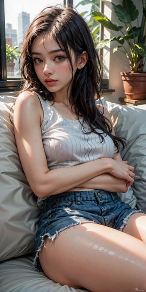 a chinese young girl laying on a couch with a pillow and a stuffed plants on it's back, with a sunset light in the background, looking at viewer, a stock photo, beautiful eyes, high detail eyes, beautiful face, high detail face, high detail skin, beautiful hands, beautiful fingers, beautiful eyelashes, 1girl, solo, ,masterpiece, high quality, highres, absurdres, high details,8k,HDR,raw photo,realistic, bokeh, shallow depth of field, fingernails, pouting mouth,wear shorts with Long sweater