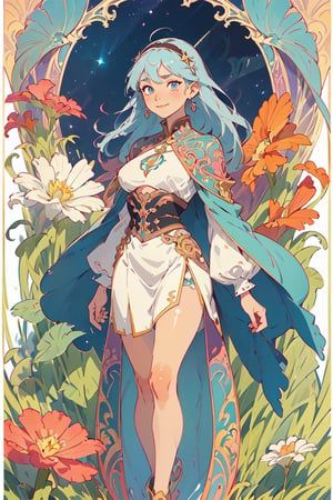full body photo, wide shot,  (top shot :1.5) , (masterpiece, best quality, very detailed, ultra-detailed, intricate), anime style kawaii, watercolor, Alcohol ink.  illustration, pastel colors, high chroma, The color contrast is strong, bright and colorful background,  art nouveau, perfect light,art nouveau by Alphonse Mucha, tarot cards style, (beautiful and detailed eyes), 1 other, 1 woman , 9 head body lenth, plump breasts,  (huge big boobs, underboob, no bra, small perky tits, boobs exposed, beautiful boobs shown ), clevage, solid color background,

firefly \(honkai: star rail\), 1girl, solo, long hair, smile, blue eyes, closed mouth, looking at viewer, outdoors, bangs, long sleeves, hair ornament, hairband, hair between eyes, cloudy sky, turquoise cape, blue sky, star \(sky\), night sky, white hair, full body, white shirt, railing, viewed from behind , bending_over, white skirt, dress ,miniskirt,