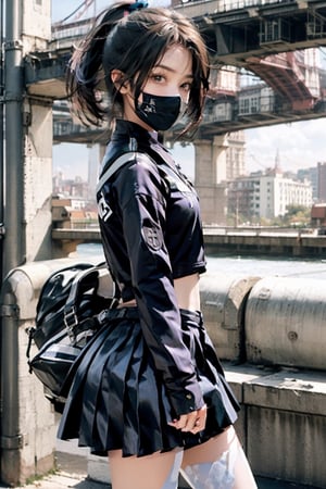 1 girl,AgoonGirl,urban techwear ,black pleated mini skirt,school uniform