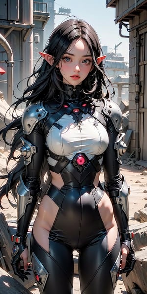 A hauntingly alluring girl with cybernetic enhancements, her delicate features enhanced by dark, shimmering metallic protrusions and glowing neon accents woven into her flowing hair. This concept art depicts her standing amidst a barren wasteland, her piercing eyes gazing into a distant horizon. The image is a digitally-rendered painting, brimming with intricate details and vibrant colors that pop against the stark background. The level of detail and the blend of futuristic and fantastical elements make this artwork a visually striking masterpiece, inviting viewers to immerse themselves in the mysterious world of this augmented elf.