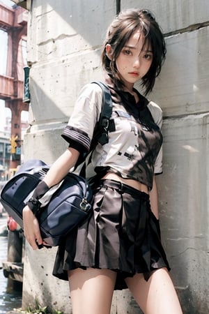 1 girl,AgoonGirl,urban techwear ,black pleated mini skirt,school uniform