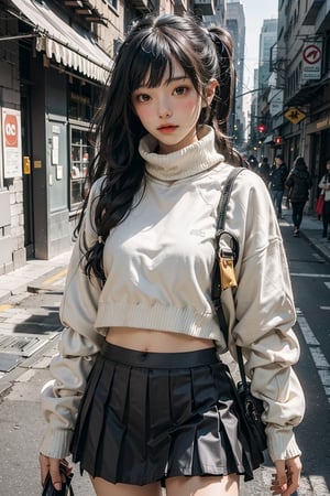 1girl,AgoonGirl,urban techwear, realistic, vivid color, soft light,outfit ,Boat neck sweater & black pleated mini skirt,