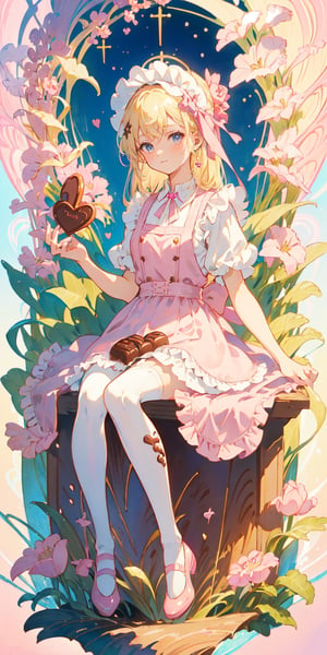 1girl, blonde hair, ((selling chocolate for boyfriend at chocolate shop)), Pink patent leather maid, pink dress,white thighhighs,white apron,cross-laced clothes, masterpiece, best quality, looking at viewer, vintage fantasy, watercolor, warm pastel colour tone, colourpencil style, ((half body)),kawaiitech,arudef,long hair