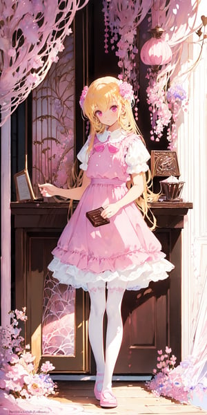 1girl, blonde hair, ((selling chocolate for boyfriend at chocolate shop)), Pink patent leather maid, pink dress,white thighhighs,white apron,cross-laced clothes, masterpiece, best quality, looking at viewer, vintage fantasy, watercolor, warm pastel colour tone, colourpencil style, ((half body)),kawaiitech,arudef,long hair