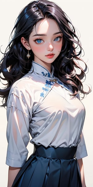 1girl, half body portrait, (age 13-16:1.4), gorgeous, (dynamic pose:0.8),studio lighting, white background, ((vietnamese teen top model)), bang, curly long hair, buns, heterochromia, white shirt, dark blue pleated skirt, ((ao dai)),downblouse