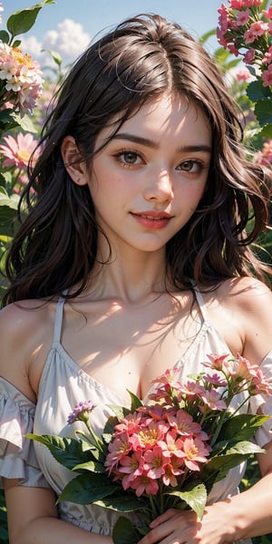 (1girl, black hair, long hair, orange eyes, looking at camera, spiral_eyes, big breasts), portrait, holding flowers, (masterpiece, best quality:1.4), (Beautifully Aesthetic:1.2),cute, smiling, happy, peace, tranquility, serenity, hydrangeas, orchicds, sakura, flowers (innocent grey), petals, exposed shoulders, collarbone, dress, pastel colors, rain, complex background