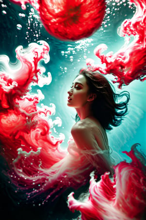 a portrait of a women submerged, with streams of red and black ink swirling around them, resembling billowing smoke underwater. The play of light creates a stark contrast, highlighting the serene expression on the face amidst the chaos of colors, with bubbles scattered across the view, suggesting a silent, slow-motion explosion. The light refracts through the water, adding depth and a dreamlike quality to the scene, focusing on the interplay between the inky tendrils and the illuminated bubbles., Precipitate girl, sexy pose