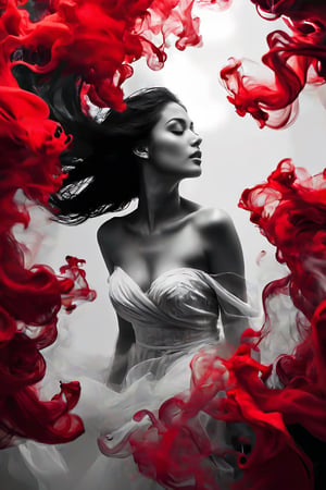 photography, a beautiful woman with dark hair in black and white is surrounded by red ink that flows like smoke. She has her head tilted back as she floats underwater, creating an ethereal atmosphere. Her face reflects intense emotions of pain or sadness, adding to his mysterious allure. Open eyes 