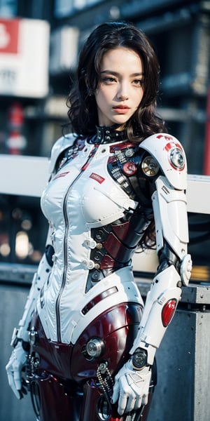 Best image quality, high resolution, 8k, realistic and sharp focus, 1girl, cowboy shot, front facing, elegant woman, korean beauty, supermodel, long curly hair, brown hair, brown and even eyes, Wearing a high-tech cyberpunk style blue-purple catwoman suit, glowing, glow effect, glowing suit, mecha, fully customized high-tech suit, flame theme, custom design, mecha, (white skin), Venus body, Capital city where modern city and historical city coexist, rooftop of building, (depth field: 1.3), (((blur))),