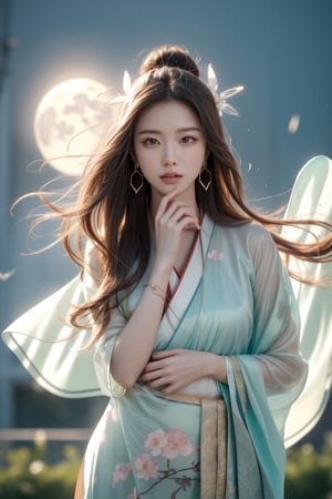 The background is midnight sky,big moon,dark night,floral leaf blowing,16 yo, 1 girl, flying in the air,halo,shining bracelet,beautiful hanfu(transparent), cloth blowing in wind, solo, {beautiful and detailed eyes}, calm expression, natural and soft light, delicate facial features, cute japanese idol, very small earrings, ((model pose)), Glamor body type, (dark hair:1.2),  beehive,big bun,very_long_hair, hair past hip, curly hair, flim grain, realhands, masterpiece, Best Quality, photorealistic, ultra-detailed, finely detailed, high resolution, perfect dynamic composition, beautiful detailed eyes, eye smile, ((nervous and embarrassed)), sharp-focus, full_body, sexy pose,cowboy_shot,ruanyi0060
