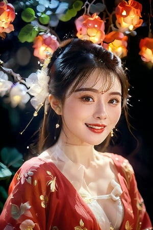 A Japanese , Oval face,  long hair, happy,red dress,smile,bangs,Oil painting, Oil on canvas, Traditional painting, shallow lighting, Rim light, Separation light, Halo effect, Small aperture, Sharp from front to back, film grain analog photography