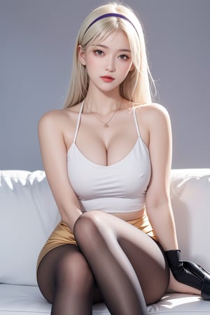 1girl, solo, long hair, necklace, white hair, hairband, looking at viewer, jewelry, realistic, upper body, lips, grey background, bangs, simple background, blonde hair, brown eyes, closed mouth, red lips, tube top dress, plump breasts, wearing high heels, purple stockings, sitting on the sofa with legs apart, seductive expression,sexy,cs001,fz,sssggg
