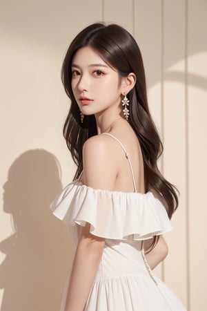 1girl, jewelry, solo, earrings, necklace, realistic, long hair, black hair, looking at viewer, brown hair, brown eyes, lips, dress, mole