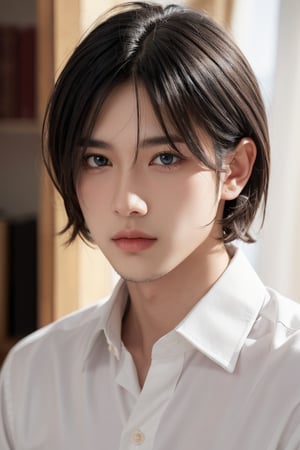 solo, looking at viewer, short hair, bangs, blue eyes, shirt, black hair, 1boy, closed mouth, white shirt, male focus, collared shirt, indoors, blurry, lips, blurry background, sunlight, portrait