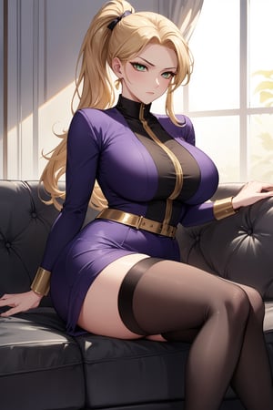 The aloof chaebol lady, wearing a high-end purple uniform and Balenciaga black stockings on her legs, has light green eyes, a curvy figure, a slightly serious face, gold eyeliner, long hair, and tied Wearing a single ponytail
