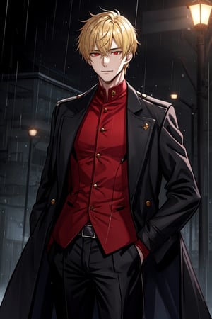 Tall young handsome man, blonde, red eyed, black and red clothes,black pants, long coat, raining, looking_at_viewer, dead eyes, empty_eyes, night,fate/stay background, sexy