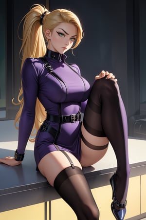 The aloof chaebol lady, (((wearing a high-end purple uniform and Balenciaga black stockings on her legs))), has light green eyes, a curvy figure, a slightly serious face, gold eyeliner, long hair, and tied Wearing a single ponytail