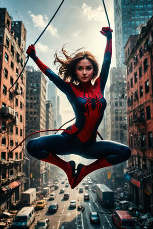 Beautiful girl, Spidergirl,jumping between big buildings, spider_girl swing pose, beautiful face, beautiful girl, Spidergirl, iconic spiderman swinging pose,iconic spiderman swinging pose, jumping high