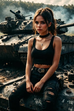 Beautiful savage girl,sitting on top of a military tank,she is holding a military gun,the girl is wearing a black layered top and a black jeans,she is wearing a black boots with white shoelace, savage,sassy,badass, charisma, ULTRA-REALISTIC,UHD, 32K 