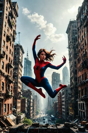 Beautiful girl, Spidergirl,jumping between big buildings, spider_girl jump pose, beautiful face, beautiful girl, Spidergirl, iconic pose,iconic spiderman jumping pose