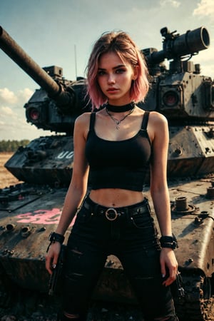 Beautiful savage girl,sitting on top of a military tank,she is holding a military gun,the girl is wearing a black layered top and a black jeans,she is wearing a black boots with white shoelace, she has a glass of pink jelly juice in her hand, savage,sassy,badass, charisma, ULTRA-REALISTIC,UHD, 32K 