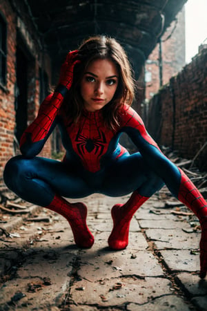 Beautiful girl, spider man pose