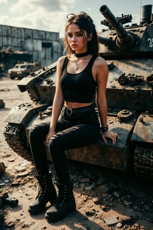 Beautiful savage girl,sitting on top of a military tank,she is holding a Uzi gun, Uzi gun,the girl is wearing a black layered top and a black jeans,she is wearing a black boots with white shoelace, one leg bended and the other leg straight, resting on top of tank,savage,sassy,badass, charisma, ULTRA-REALISTIC,UHD, 32K 