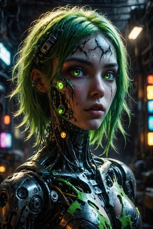 ((Cyberpunk girl, futuristic, realistic, neon green hair, long hair, lazer eyes, cyborg girl, seductive)),((half face metal,robot,half melted face skin revealing metal)), ((neon glowing,robotic eyes,futuristic eyes)), background aura, OverallDetail, colorful, photorealistic,FuturEvoLabStyle