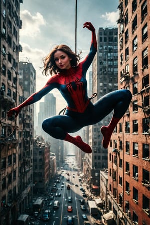 Beautiful girl, Spidergirl,jumping between big buildings, spider_girl swing pose, beautiful face, beautiful girl, Spidergirl, iconic spiderman swinging pose,iconic spiderman swinging pose, jumping high,