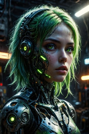 ((Cyberpunk girl, futuristic, realistic, neon green hair, long hair, lazer covering eyes, cyborg girl, seductive)),((half face metal,robot face,half cyber face)), ((neon glowing,robotic eyes,futuristic eyes)), OverallDetail, colorful, photorealistic,FuturEvoLabStyle