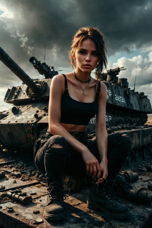 Beautiful savage girl,sitting on top of a military tank,she is holding a rpg gun,the girl is wearing a black layered top and a black jeans,she is wearing a black boots with white shoelace, one leg bended and resting on top of tank,savage,sassy,badass, charisma, ULTRA-REALISTIC,UHD, 32K 