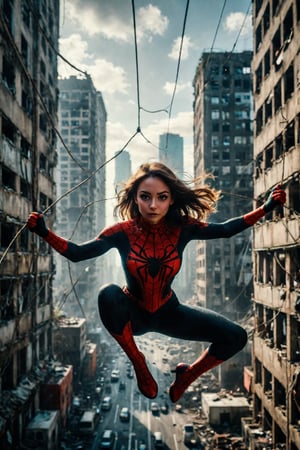 Beautiful girl, Spidergirl,swinging in web between big buildings,