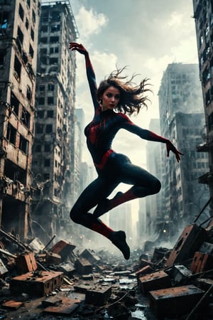 Beautiful girl, Spidergirl,jumping between big buildings, spider_girl pose