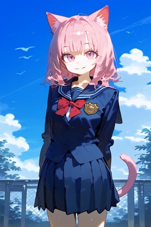 1 pink cat human, cute girl, wearing school uniform