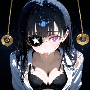 1 black long hair human, cute girl, wearing school uniform, black bra, wet, sweating, shy, shame, temptation, eye patch, hypnosis, saliva