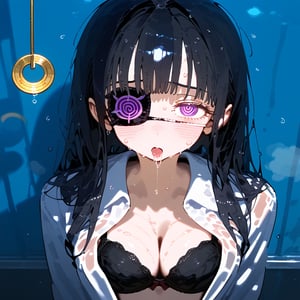 1 black long hair human, cute girl, wearing school uniform, black bra, wet, sweating, shy, shame, temptation, 2 eye patches, hypnosis, saliva