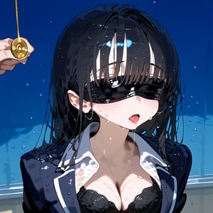 1 black long hair human, cute girl, wearing school uniform, black bra, wet, sweating, shy, shame, temptation, blindfold, hypnosis, saliva