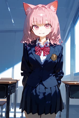 1 pink cat human, cute girl, wearing school uniform