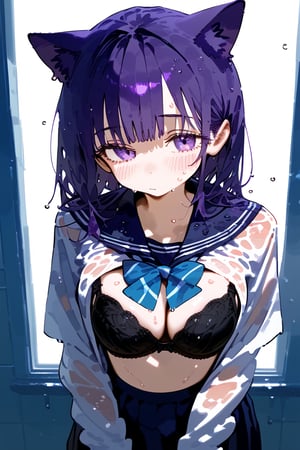 1 purple hair cat human, cute girl, wearing school uniform, black bra, wet, sweating, shy