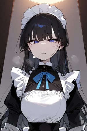 1girl, solo, black hair, long hair, upper body, masterpiece, best quality, very aesthetic, absurdres,gotou hitori, sagawa, fucking, masterpiece, high quality, only black hair, maid clothes, feel disgusting, blue eyes, censored