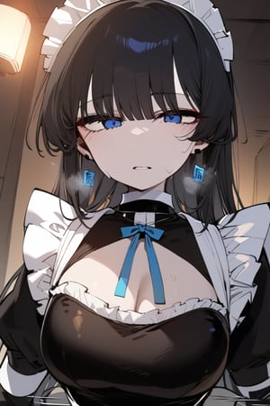 1girl, solo, black hair, long hair, upper body, masterpiece, best quality, very aesthetic, absurdres,gotou hitori, sagawa, fucking, masterpiece, high quality, only black hair, maid clothes, feel disgusting, blue eyes, censored